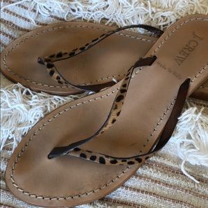 J Crew flat leather leopard hair flip flops